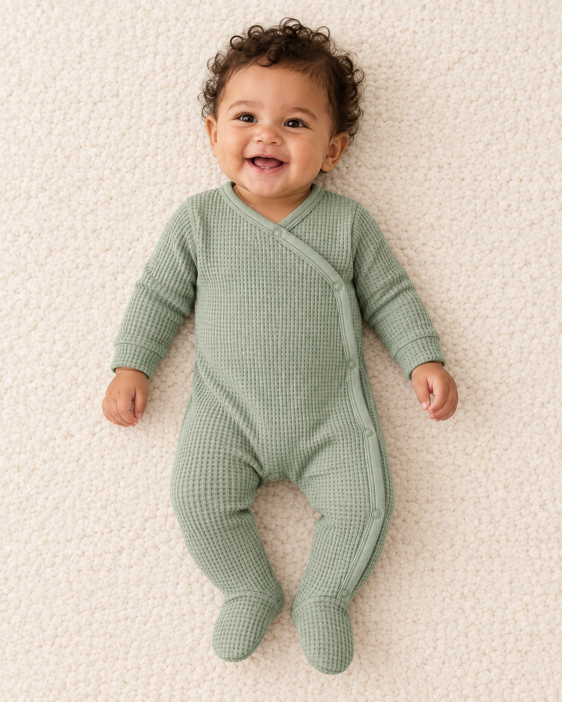 Babygrow Abraço — vista 3 com criança, imagem ilustrativa gerada por IA