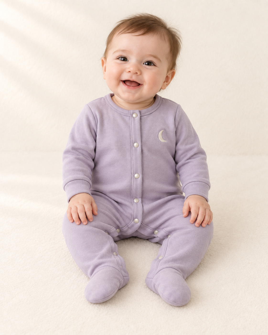 Babygrow Lua — vista 4 com bebé, imagem ilustrativa gerada por IA